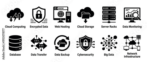 Twelve black and white data computing icons are neatly arranged, illustrating various digital technology and network infrastructure concepts in a clean, modern flat design style