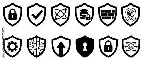 Collection of black and white shield icons representing various concepts of digital security, data protection, and technological safety, presented in a clean, minimalist graphic style