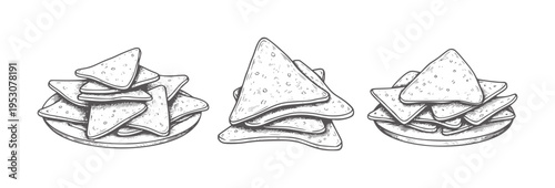 Three piles of triangular corn tortilla chips plates in a style snack food