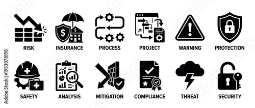 Twelve black and white business and safety icon set, featuring conceptual symbols for risk management, security, and compliance in a clean, professional style