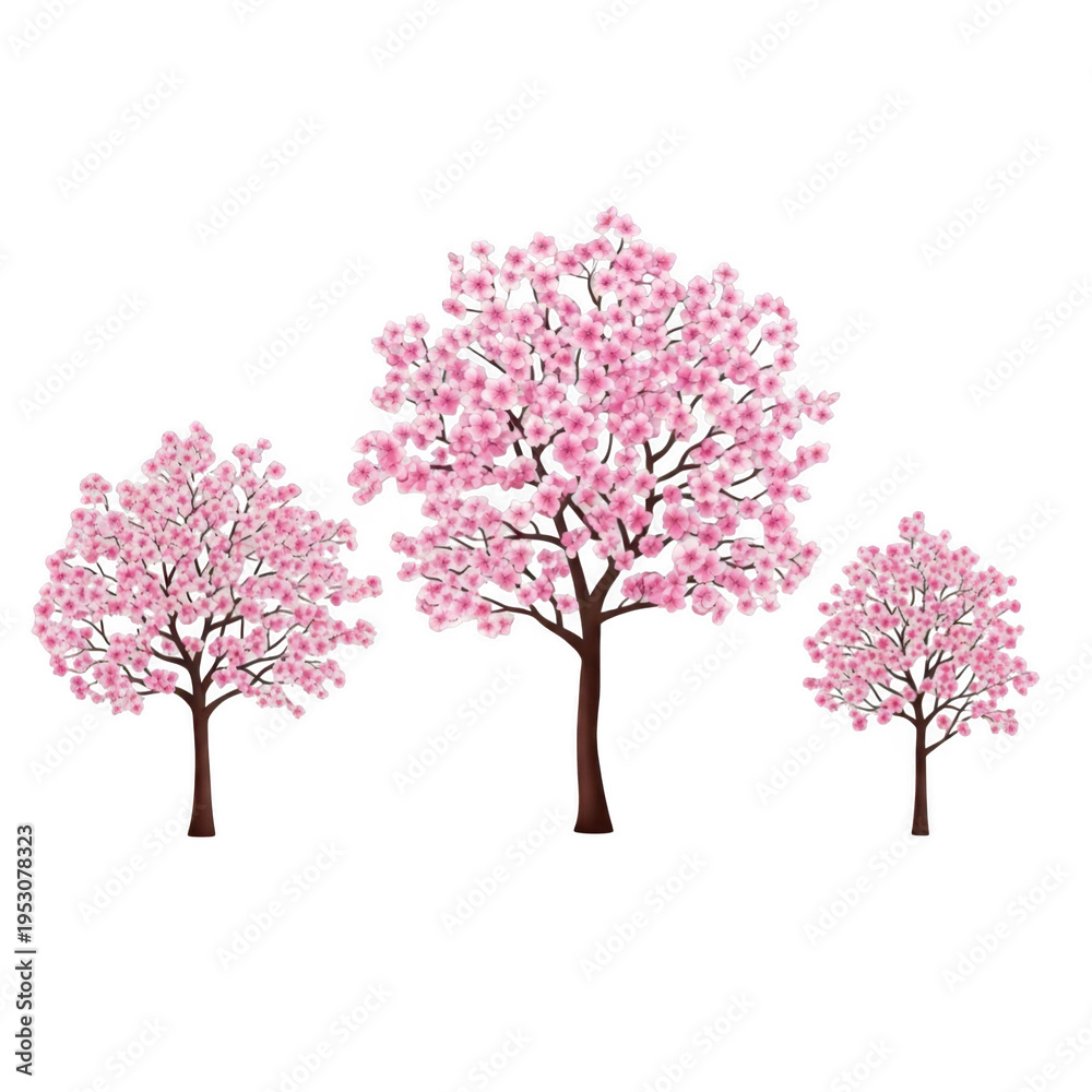 Obraz premium Three cherry blossom trees in full bloom against a white background