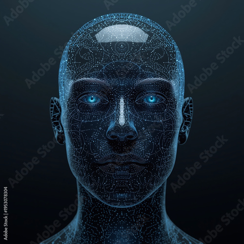 A futuristic digital human face with a blue and black wireframe design on a dark background