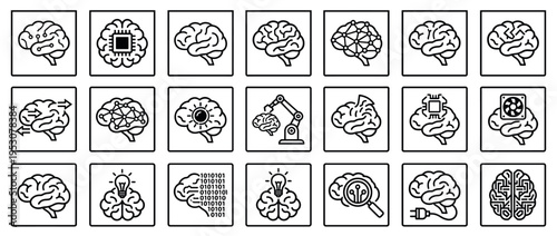 Comprehensive collection of diverse brain-themed line icons illustrating artificial intelligence, machine learning, and cognitive processes in a clean, conceptual style