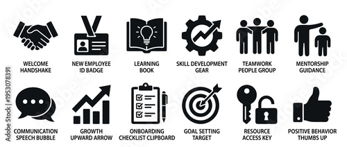 Collection of black and white business icons depicting various HR and corporate concepts, presented in a clean, modern, and flat graphic style