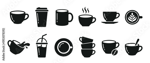 Various black silhouette coffee and tea cups, mugs, and beverage containers are depicted as simple graphic icons in a clean, illustrative style