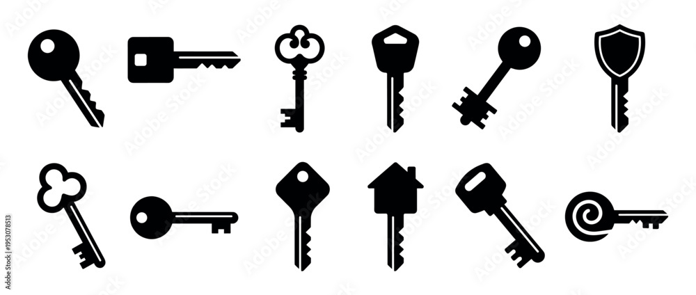 Obraz premium Collection of diverse black silhouette key icons, featuring various shapes and styles including modern, antique, house, and shield designs, presented as graphic symbols