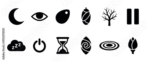 Twelve diverse black silhouette icons representing various abstract concepts and natural elements, presented in a clean, graphic style