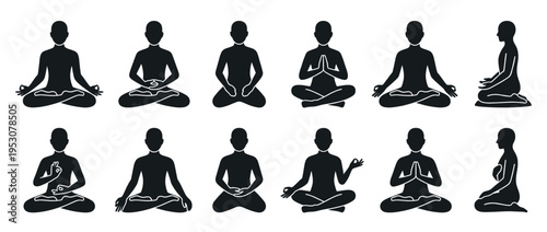 Black silhouettes of people meditating in various yoga poses, showcasing different seated positions and hand gestures in a clean graphic style