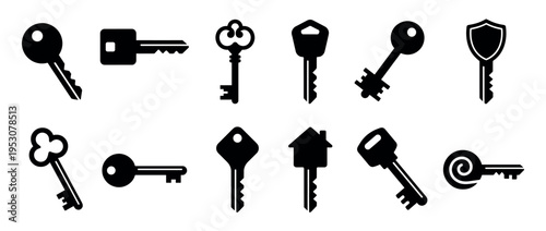 Collection of diverse black silhouette key icons, featuring various shapes and styles including modern, antique, house, and shield designs, presented as graphic symbols