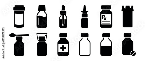 Various black silhouette medical bottles and containers are depicted in a flat, iconic style, showcasing different types of pharmaceutical packaging for health and wellness concepts