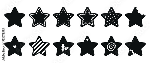 Twelve black star-shaped icons with various decorative patterns, including sprinkles, stripes, holly, and a bite mark, presented in a clean graphic style