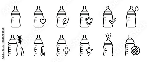Twelve black line baby bottle icons illustrating various concepts like care, safety, organic, cleaning, temperature, and sterilization, presented in a clean, modern graphic style