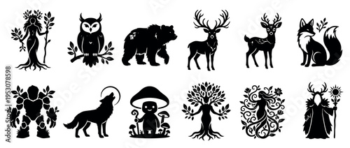 Collection of stylized black silhouette mythical nature creatures and spirits, depicted in a fantasy-inspired, illustrative, and mystical art style