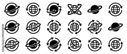 Black and white globe and arrow vector icons depicting global communication, network, circulation, and environmental concepts in a modern, clean graphic style