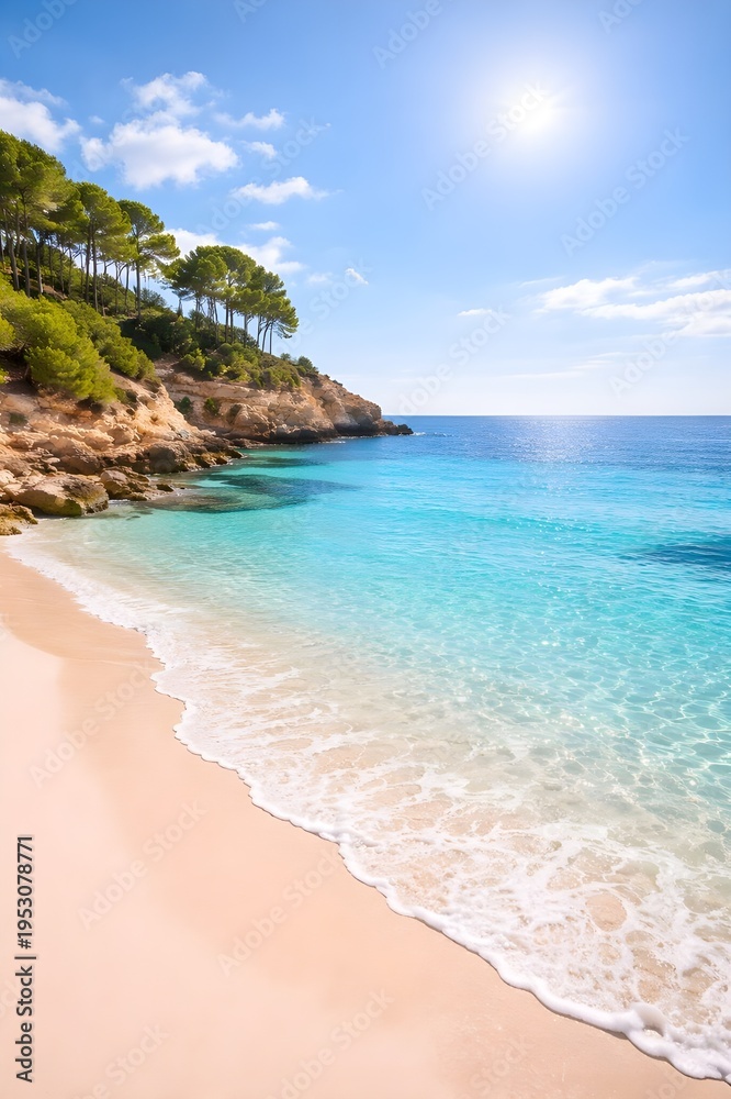 Obraz premium Sunny Mediterranean beach with turquoise water and pine trees, idyllic summer coast