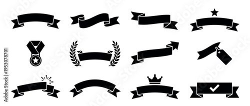 Collection of black silhouette ribbon banners and awards, including a medal, laurel wreath, crown, star, arrow, tag, and checkmark, presented in a graphic, iconic style