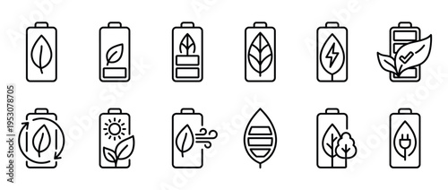 Collection of line art eco-friendly battery icons representing sustainable energy, charging, and environmental conservation in a clean, graphic style