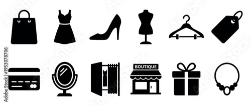 Black silhouette shopping and fashion related icons, featuring a dress, high heel, mannequin, gift, and boutique, rendered in a modern, minimalist style