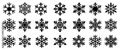 Eighteen distinct black snowflake icons are arranged in a grid, showcasing various intricate crystalline designs for winter and holiday themes