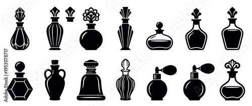 Collection of elegant black silhouette perfume bottles and ornate decanters, featuring various shapes, decorative stoppers, and classic atomizers in a graphic style
