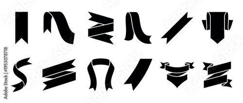 Collection of black ribbon banner shapes in various decorative styles, presented as clean graphic elements with sharp edges and a minimalist aesthetic