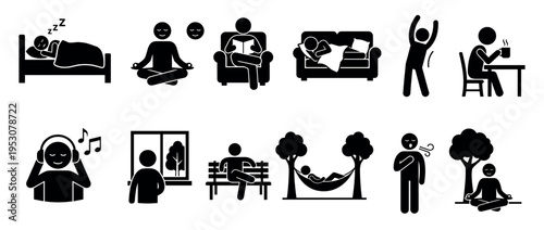 Black stick figures engaged in various relaxing activities, including sleeping, meditating, reading, and enjoying leisure time, presented in a simple, graphic style