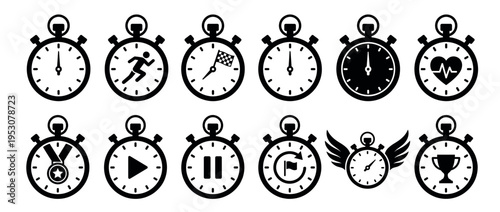 Twelve black and white stopwatch icons with various symbols like a runner, heart, medal, and trophy, presented in a clean, graphic style