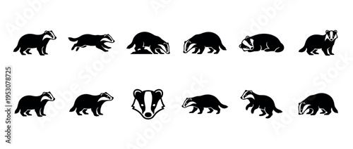 Eleven black and white badger icons in various poses, depicted in a clean, minimalist graphic vector style with strong visual contrast and sharp details