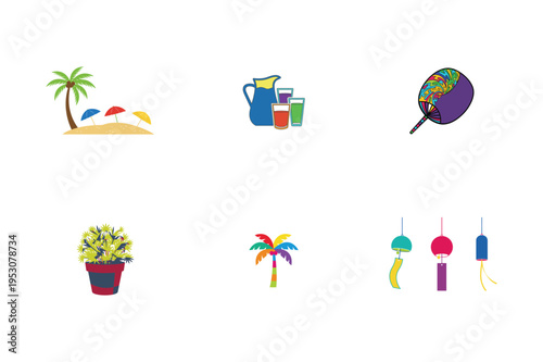 Summer Vacation Icon Set With Shorts Strawberry Sailboat