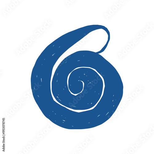Round seashell in doodle style. Shell silhouette in blue. Twisted spiral shell. Hand drawn vector flat illustration isolated on white background.