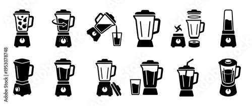 Black silhouette blender icons illustrate various kitchen appliance uses, including blending fruits, pouring drinks, and assembly, presented in a clean graphic style