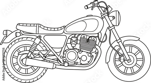 Black and white line drawing of a motorcycle isolated on transparent background