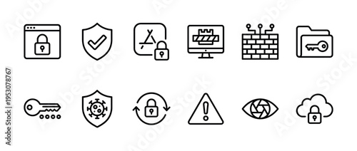 Comprehensive collection of black outline digital cybersecurity icons depicting various aspects of data protection, privacy, and network security in a modern, clean style