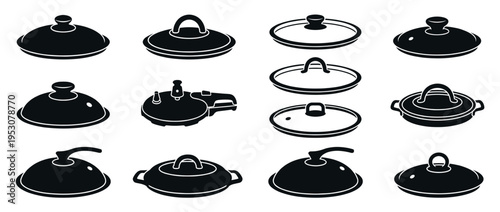 Collection of various kitchen pot and pan lids and a pressure cooker lid, presented as black and white graphic icons in a simple, clean style