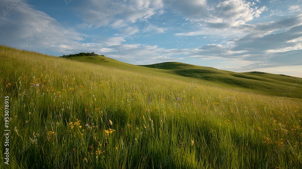 Obraz premium A serene landscape of rolling green hills with wildflowers under a blue cloudy sky