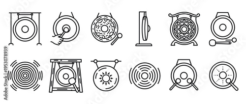 Various black line art gong instrument icons collection featuring different styles, stands, mallets, and sound wave representations in a clean, minimalist vector illustration