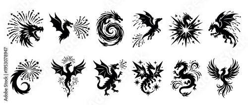 Twelve black silhouette mythical dragon and phoenix illustrations, dynamically depicted with starbursts and swirling graphic elements in a bold, stylized vector art