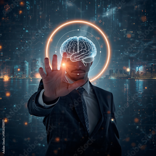 A businessman in a suit interacts with a glowing brain graphic in a futuristic cityscape at night