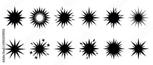 Collection of black starburst shapes, featuring various styles of explosion and burst silhouettes, presented as bold graphic elements