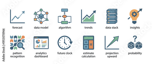 Twelve colorful data analysis and business intelligence icons are neatly arranged in a grid, illustrating various concepts for strategic planning and decision-making