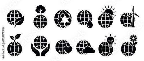 Twelve black glyph icons depicting globes with environmental symbols, representing sustainability, ecology, and renewable energy in a clean, modern, graphic style