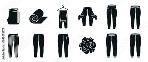 Various black silhouette clothing icons depicting pants and leggings in different states, including folded, rolled, on a hanger, stretched, and crumpled, presented in a clean, illustrative style
