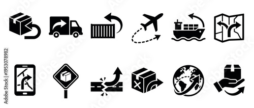Black and white logistics and shipping icons set illustrating various aspects of global delivery, transportation, and return processes in a clear, modern graphic style