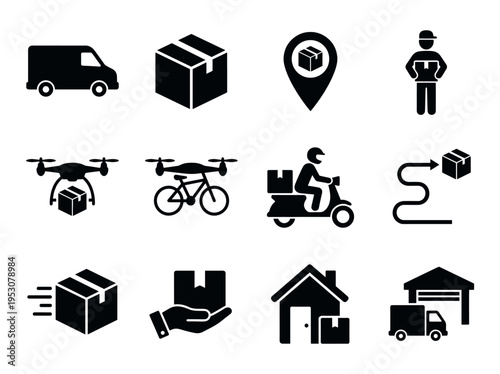 Twelve black silhouette delivery and logistics icons are clearly displayed, representing various aspects of modern shipping, transportation, and package handling services in a graphic style