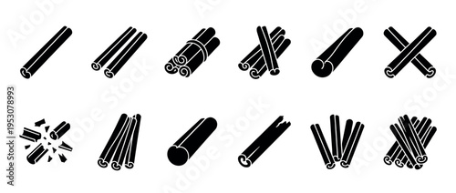 Black silhouette cinnamon stick icons in various forms, including whole, bundled, crossed, and broken pieces, presented in a clean, flat graphic style