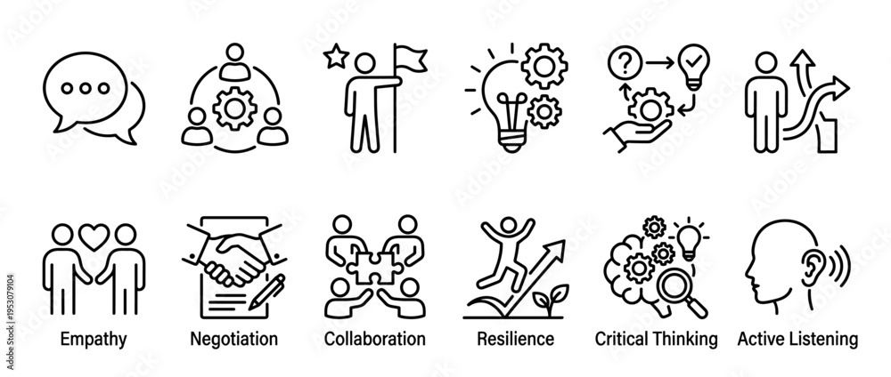 Obraz premium This collection of black line art icons illustrates various essential business and soft skills, depicting concepts like communication, teamwork, and critical thinking in a clean, minimalist style