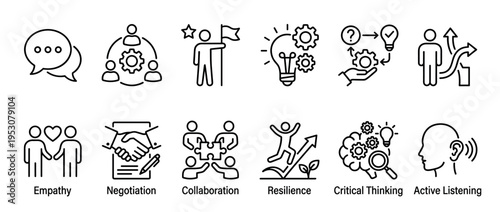 This collection of black line art icons illustrates various essential business and soft skills, depicting concepts like communication, teamwork, and critical thinking in a clean, minimalist style