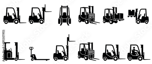Black silhouette icons of various forklifts and a pallet jack are depicted in a clean, graphic style, showcasing different views and operational states