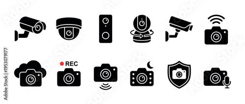 Collection of black glyph security camera icons depicting various surveillance devices, including dome, bullet, PTZ, and recording cameras, in a modern, illustrative style