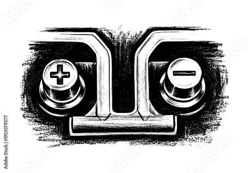 Close-up illustration of car battery terminals with plus and minus symbols in a sketch style